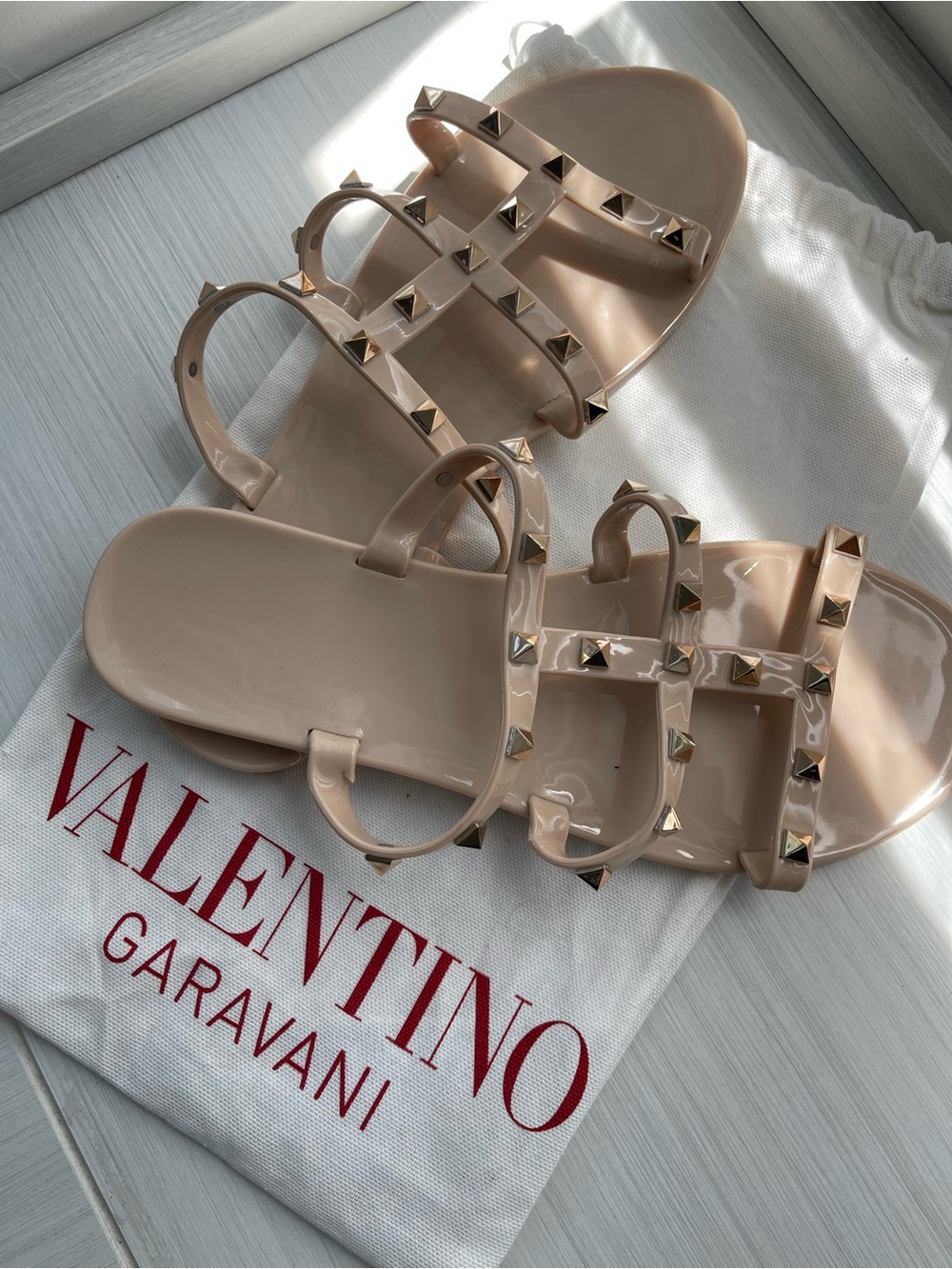 Beige Rockstud Strappy Slide Sandals